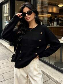 Women's Autumn/Winter Fashion Minimalist Metal Button Design Pullover Sweater, Casual Loose Versatile Slouchy Knit Top - Black - View 8