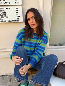 Women's Autumn/Winter Sweater, New Fashion Style, Minimalist Casual, Versatile For Home And Daily Wear, Round Neck Vintage Striped - Green - View 7