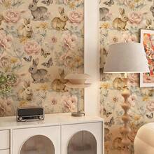 1 Roll Of Cute Animal Rabbit Plant Self-Adhesive Wallpaper, Sweet Little Rabbit Flower Printed Wallpaper, Suitable For Various Room Wall Furniture Background Wall Decoration, Tenant Furniture Wall Renovation, Easy To Stick And Remove - Plants and Animals - View 2