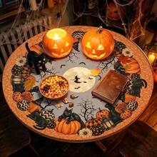1pc Halloween Pattern Printed Round Tablecloth, Daily Tablecloth, Table Cover With Elastic Edge, Soft Wrinkle-Resistant, Waterproof Oil-Resistant Scratch-Resistant, Suitable For Round Dining Table, Outdoor Restaurant Decoration And Outdoor Party, Kitchen, Baking, Outdoor Decor, Outdoor Patio, Breakfast, Brunch And Party Decoration - Multicolor - View 6