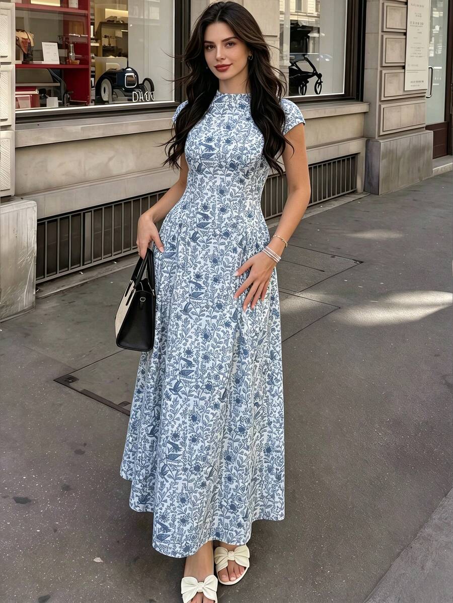 Women's Blue New Spring/Summer Stand Collar Short Sleeve Maxi Dress, Ruched Waist, Flared Hem, Soft Fabric - Blue - View 1