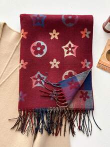 1pc Geometric Floral Print Tasseled Thick Scarf 65*200cm, Polyester Faux Cashmere, Fall Winter Shawl For Travel Party Outing, Wear As Scarf Shawl - Multicolor - View 5