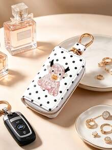2D Crystal Cow Print Niche Key Pouch, Polka Dot Leather Car Key Protective Cover, Lightweight Anti-Scratch Keeps Keys Like New, Suitable For Daily Commute And Self-Driving Trips, Designed For Car Owners Who Value Personalized And Protection, Also A Great Gift For Holidays And Birthdays, A Thoughtful Little Gift For Yourself Or Friends And Family, Brighten Up Key Storage Details, Add Unique Style To Daily Travel - Multicolor - View 4