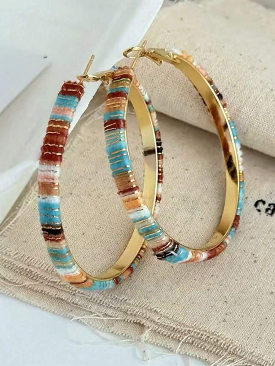 rundraw 1 Pair Vintage Fashion Multi-Color Hoop Earrings Suitable For Women's Daily, Party And Vacation Wear - Multicolor - View 1