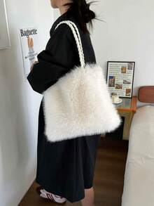 女款單肩包、托特包、手提包、毛絨包、編織手提包，適合購物、通勤、居家，時尚大容量純色女款單肩托特包 - 白色 - 查看 7