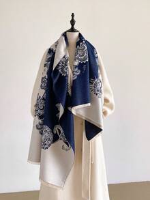 1pc Faux Cashmere Minimalist Elegant Floral Pattern Jacquard Warm Scarf For Women, Air Conditioning Room Blanket, Autumn/Winter Outdoor Travel Cold Protection Neck Warmer Decorative Scarf Shawl Dual Use, Suitable For Daily Matching, First Choice For Gift Giving - Navy Blue - View 5