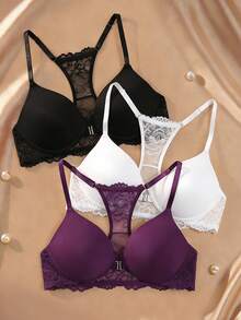 [Ukuran Dada Kecil] 3pcs Bra Tanpa Jahitan Renda untuk Wanita, Tanpa Punggung, Penutup Depan, Berkawat, Modis, Nyaman - MultiWarna - View 7