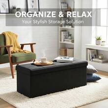 Foldable Linen Look Storage Ottoman Bench With Removable Divider, Tufted Padded Footrest Shoe Changing Stool, Large Capacity Storage Chest For Bedroom Entryway Living Room, Easy Assembly Space‑Saving Home Organizer - Black - View 4