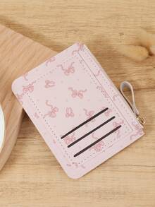 Fashionable Bow Printed Credit Card Bag, Ultra-Thin And Convenient ID Window ID Bag With Zipper And Buckle, Portable Credit Card Bag - Pink - View 5