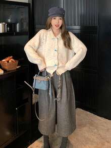 Women's Autumn/Winter New Lace Collar Patchwork Knit Cardigan Top - Apricot - View 10
