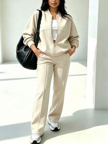2pcs Casual Solid Color Sweatshirt Jacket Top And Straight Leg Pants Set, Soft Fleece Fabric, Suitable For Spring, Autumn And Winter Elegant - Apricot - View 3