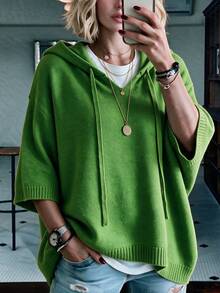 Plus Size Women's Hooded Knit Pullover Sweater, Drawstring Design, 3/4 Regular Sleeve, Loose Fit, Suitable For Casual Wear - Green - View 7