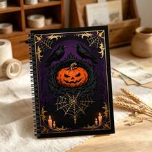 A5 Spiral Notebook, 100 Pages, 50 Sheets, 2D Flat Vintage Gothic Halloween Art, Jack Pumpkin, Black Crow, Golden Spider Web And Candle, Deep Purple-Black Background, Lined Writing Planner, For Daily Journaling, Classroom Notes, School And Office Use, Magic Dark Aesthetic Stationery Gift For Halloween Enthusiasts - N - View 10
