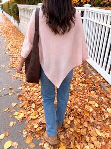 MORI 秋冬 Y2K 優雅休閒柔粉色蝙蝠袖不對稱披肩毛衣套頭衫，適合女性外出與度假穿著 - 粉色 - 查看 5