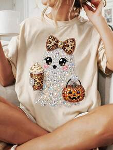 1 pieza, playera de mujer estampada cuello redondo, estilo casual. Gran regalo para familiares y amigos. Perfecta para Halloween, Acción de Gracias, Día de la Independencia y Día de Muertos. - Albaricoque - Ver 1