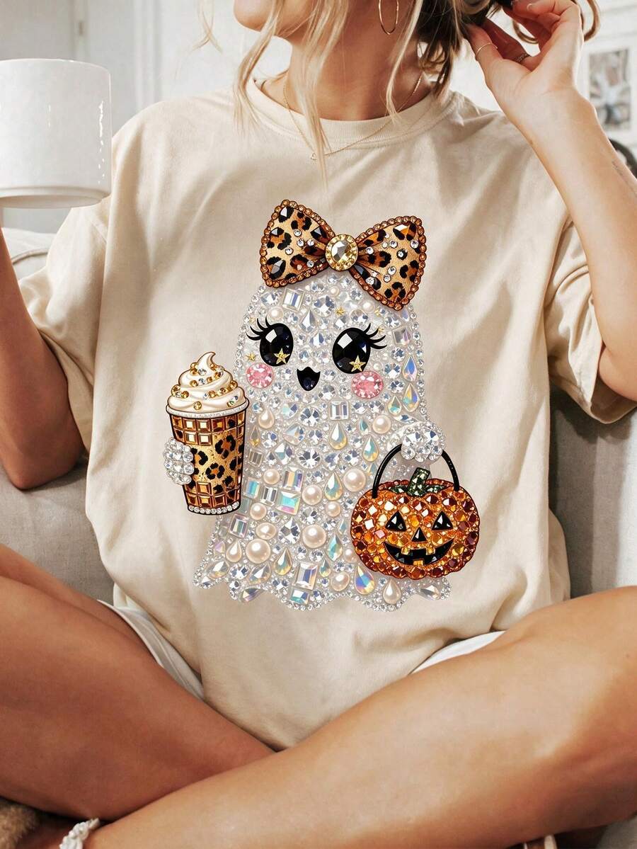 1 pieza, playera de mujer estampada cuello redondo, estilo casual. Gran regalo para familiares y amigos. Perfecta para Halloween, Acción de Gracias, Día de la Independencia y Día de Muertos. - Albaricoque - Ver 1