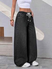 ARWY Women's Casual Bohemian Style Thermal Lined Denim Wide Leg Pants, Drawstring Design With Pockets, Long Non-Stretch Fabric, Suitable For Party And Daily Wear - Dark Grey - View 5