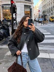 Autumn/Winter Stand Collar Loose Short Coat, Casual Daily Street Commute Versatile Jacket - Dark Grey - View 3