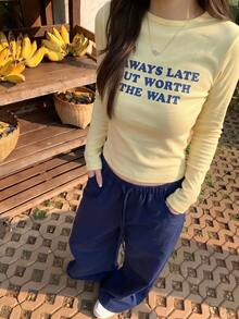 Women's Casual Graphic Print Round Neck Solid Color Regular Shoulder Long Sleeve Top - Yellow - View 2