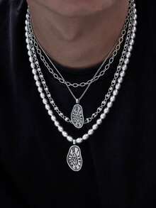 4pcs/Set Vintage Punk Creative Geometric Asymmetrical Metal Pendant Multi-Layer Necklace, Men's Fashion Beaded Necklace, Suitable For Daily Wear, Party Accessories - Multicolor - View 6