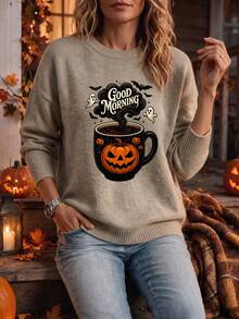 Plus Size Women Coffee Lover Halloween Good Morning Coffee Cup Pumpkin Ghost Bat Print Sweater, Suitable For Autumn/Winter Wear, Warm And Comfortable - Camel - View 5