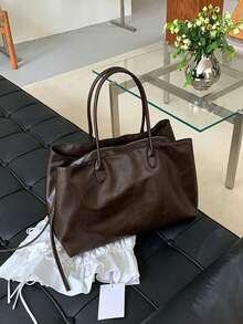 Classic Coffee Textured Tote Bag, Handheld & Shoulder Carry, Open Top, Large Capacity, Minimalist Luxury Style, Women's Daily Commute & Shopping Tote Bag - Coffee - View 7