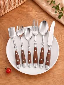 1 Walnut Two-Riveted Cutlery Set, Light Luxury High-End Stainless Steel Dinner Knife, Fork, Spoon, Salad Fork, Teaspoon, Ice Cream Spoon, High-Value Practical Household Restaurant Wooden Handle Knife, Fork, Spoon - View 1