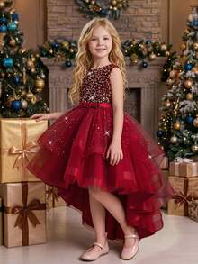 Young Girls Sleeveless Sequin Bow Mesh Tulle Train Puff Elegant Dress Suitable For Party, Headband Not Included - Burgundy - View 3