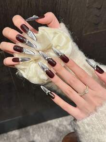 YADORNOS 10pcs Long Stiletto Handmade Press-On Nails, Dark Brown & Silver Cat Eye Glitter French Tip False Nails, Embedded 3D Rhinestones, Shiny Style, Suitable For Autumn/Winter Party, Date, Daily Wear, Includes Jelly Glue And Nail File, DIY Manicure Supplies - Brown - View 3