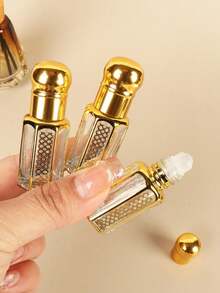 Gold Octagonal Glass Roll Perfume Bottle, Refillable Empty Essential Oil Roll Bottle, Luxury Gold Plated Lace Pattern Mini Travel Perfume Sample Container, Reusable Fragrant Essential Oil Applicator, Arabic Style Small Perfume Storage Bottle - Multicolor - View 1