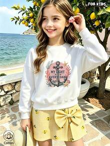 Kids Ocean Theme Crewneck Sweatshirt With Anchor, Starfish & Shell Print, 'MY LIGHT EVERY DAY' Text, Loose Fit, Soft Breathable For Spring Fall Daily - White - View 4