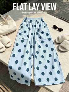 Women's Light Blue Polka Dot Wide Leg Pants, Loose-Fitting Plus-Size Casual Streetwear, Suitable For Back-To-School Shopping, Soft Draped Clothing. - Sky Blue - View 8