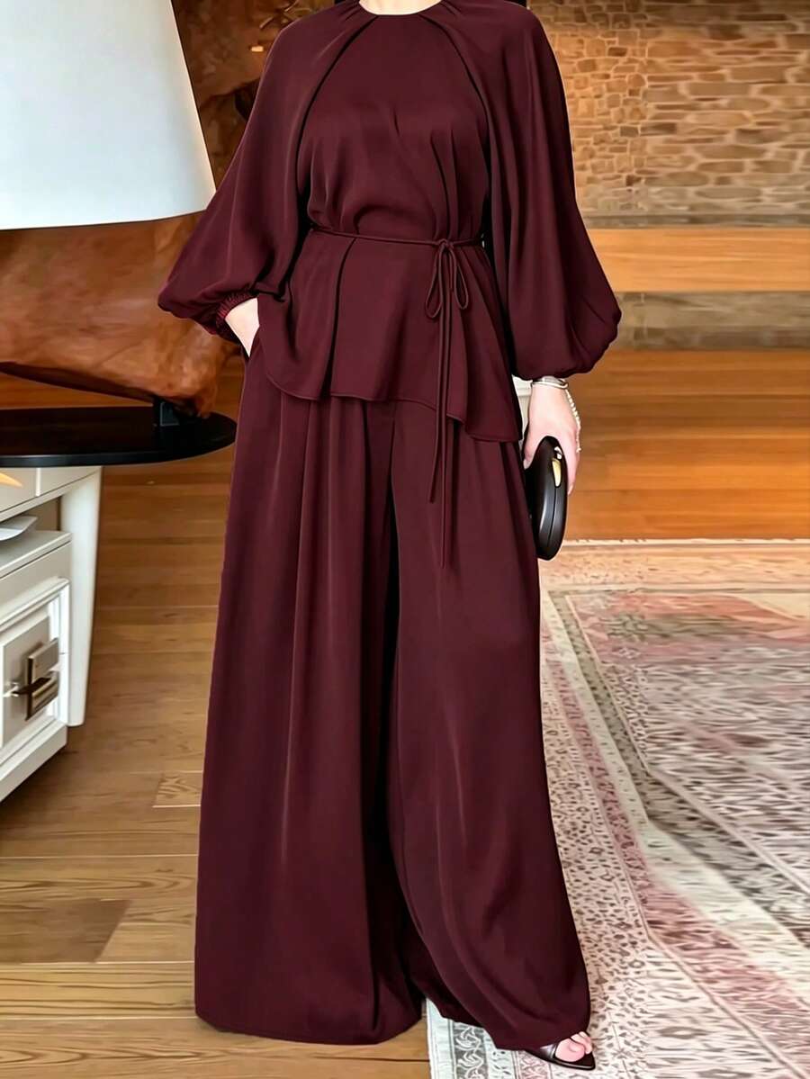 女款休閒優雅圓領燈籠袖綁腰上衣與寬腿褲兩件套，純色鈕扣綁帶拉鍊極簡通勤日常約會秋冬款