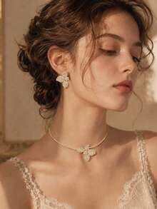 outingfit 1 Set New Full Rhinestone Leaf Necklace & Earrings Set, Versatile Party Fashion Jewelry Floral Accessories Necklace Set - Gold - View 3