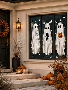 6pcs (3 Complete Ghost Patterns) - Large Halloween Ghost Window Decals, Halloween Window Stickers, Vintage Ghost, Evil Ghost, Bat Ghost, Reusable Window Decals, Suitable For Halloween Autumn Party Supplies, Home Glass Decoration, Halloween Window Decoration Stickers, Pumpkin And Ghost Patterns, Party Decoration - Multicolor - View 5