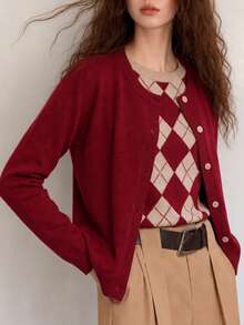 Women's Autumn Casual Minimalist Solid Color Knit 2 In 1 Pullover Cardigan - Red - View 4