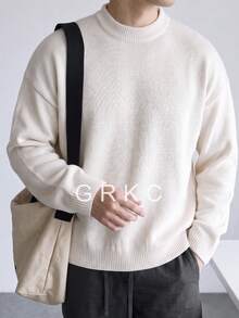 GRKC Sweater Pullover Rajut Polos Kerah Bulat Lengan Panjang Bahu Sedikit Turun Gaya Minimalis untuk Komuter Musim Semi Musim Gugur dan Musim Dingin Pria Wanita Base Layer Longgar Kasual Mudah Dipadupadankan - Aprikot - View 3