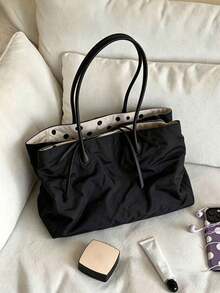 Tote Bag With Polka Dot Print Lining, Wrinkle-Resistant And Durable, Large Capacity For Books And Laptop, Zipper + Open Top Dual Closure, Minimalist Korean Relaxed Style Tote Bag, Suitable For Students, Commuting, Shopping, Travel, Versatile Everyday Handbag For Women - Black - View 2