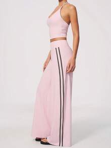 KyrLssu Women Halter Crop Top & Side Stripe Wide‑Leg Pants 2‑Piece Set, High Waist Stretch Yoga Matching Outfit For Workout Daily - Pink - View 5