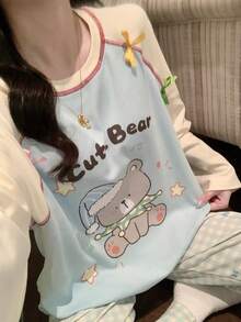 2pcs Women's Pajama Loungewear Set, Cute Pattern Print Pullover Round Neck Simple Long Sleeve Long Pants, All Season Wear - Multicolor - View 6