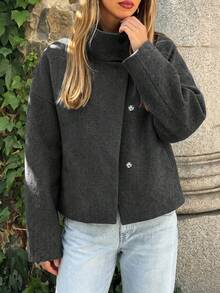 Autumn/Winter Stand Collar Loose Short Coat, Casual Daily Street Commute Versatile Jacket - Dark Grey - View 7