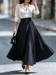 DONICY Women's Navy High Waist Side Button Pleated Splice Midi Skirt, Asymmetric Flowy A-Line Long Skirt For Fall Winter Office Daily Wear - Royal Blue - View 5