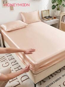 2/3 Piece Luxury Satin Bed Sheet Set, Includes 1 Deep Pocket Fitted Sheet And 1/2 Pillowcases - 100% Polyester, Solid Color, Silky Smooth, Suitable For All Seasons - Machine Washable - Suitable For Home And Hotel, Champagne Color - Champagne - View 1