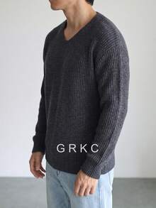 GRKC 秋冬男士歐美街頭風小眾純色羅紋紋理休閒寬鬆圓領針織衫 極簡百搭套頭落肩長袖上衣 - 灰色 - 查看 3