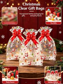 10pcs Christmas Snowflake Transparent Drawstring Gift Bags, Empty Packaging Bags With Red Decorative Bows, Christmas Party Gift Packaging Bags - Multicolor - View 8