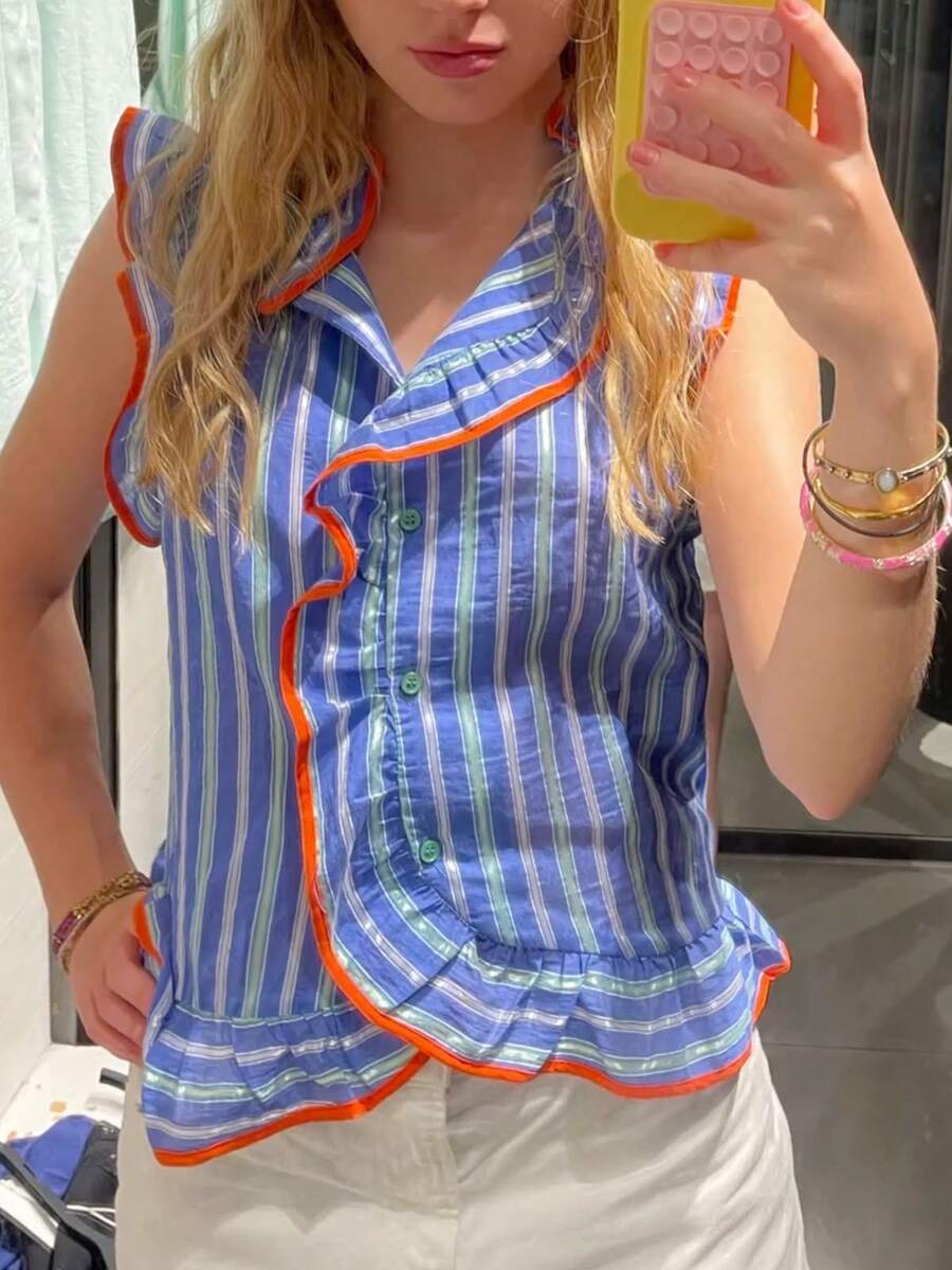 Women's Sweet Fashion Striped Colorblock Button-Up Top - Blue - View 1