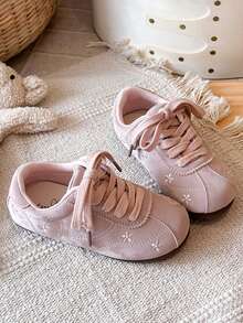 Girls' Floral Embroidered Lace-Up Soft Sole Lightweight Casual Sneakers, Versatile Spring/Autumn Training Shoes For Little Girls - Pink - View 3