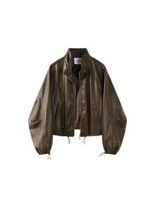 American Retro Korean Style Versatile Loose Leather Jacket Spring New Short Leather Coat Elegant Travel Casual Vacation - Khaki - View 1