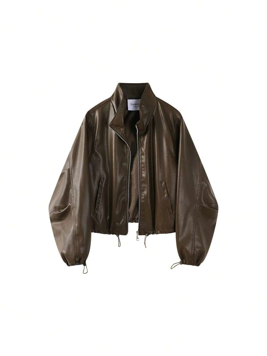 American Retro Korean Style Versatile Loose Leather Jacket Spring New Short Leather Coat Elegant Travel Casual Vacation - Khaki - View 1