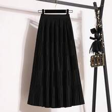LuminousWealth Women's Solid Color Elegant Knit Pleated Skirt For Daily Wear And Travel, All Seasons - Black - View 6